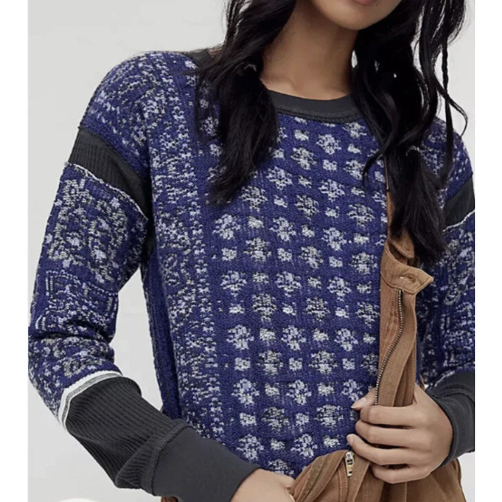 Free People Blue and Gray Patterned Knit Sweater